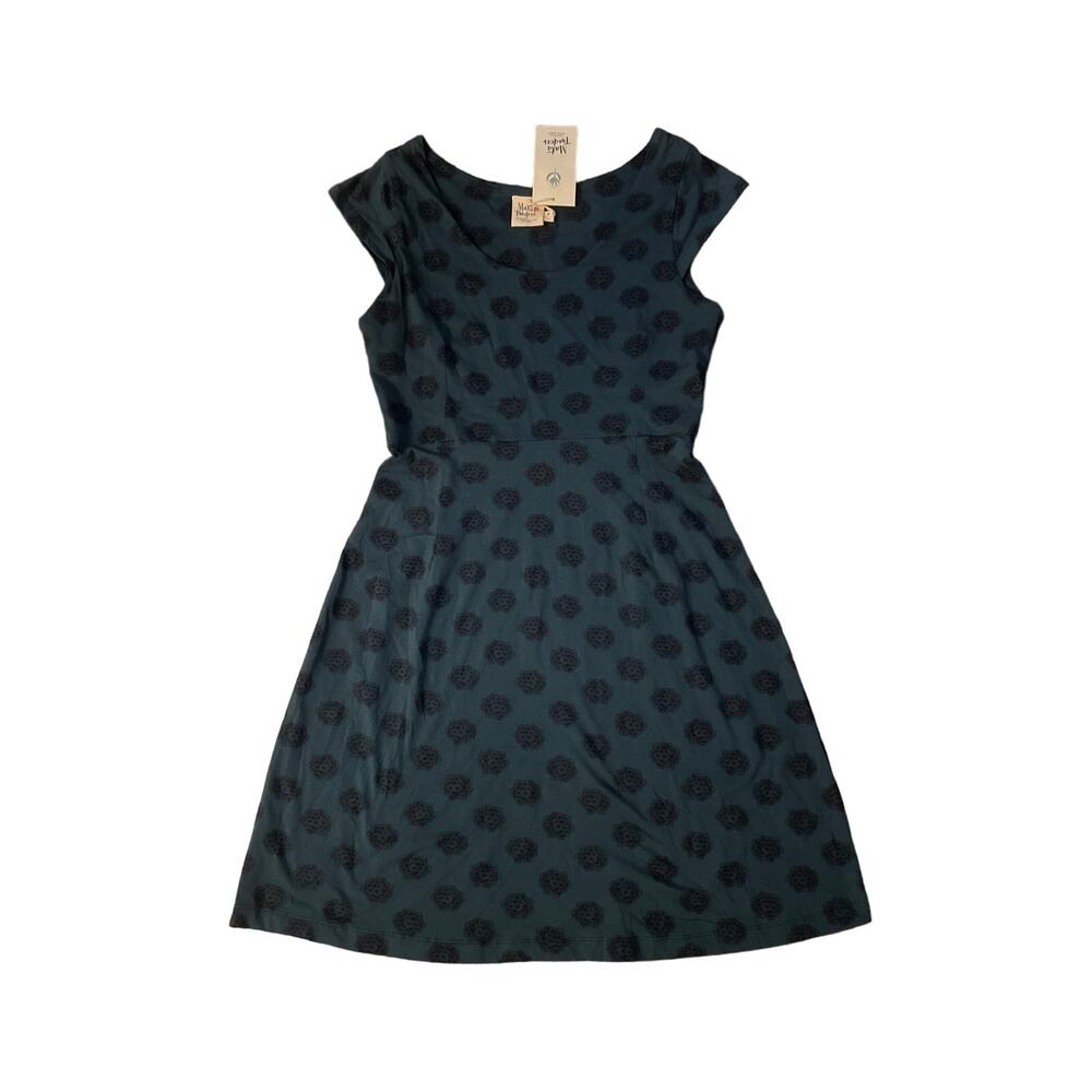 NWT Women M Mata Traders Piccadilly Scoop Blue Printed Cap Slv Stretchy Dress
